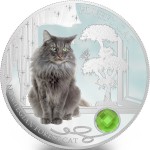 Fiji FLUFFY CAT - NORWEGIAN FOREST CAT $2 Silver Coin 2014 Gem inlay Proof 1 oz